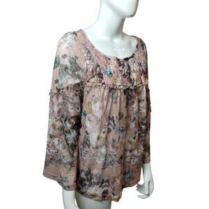 Anthropologie AKEMI+KIN Women's size M Floral Smocked Ruffle Bell Lacey Top